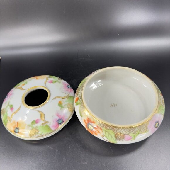 Antique Nippon Hand Painted Dresser Jar Container Hair Holder Textured Canister - Picture 12 of 16